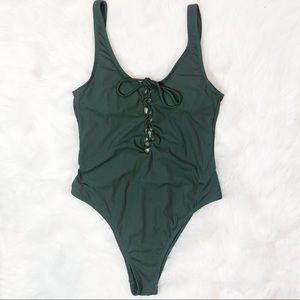 Ribbed Green Lace Up Low Back One Piece Swim Suit